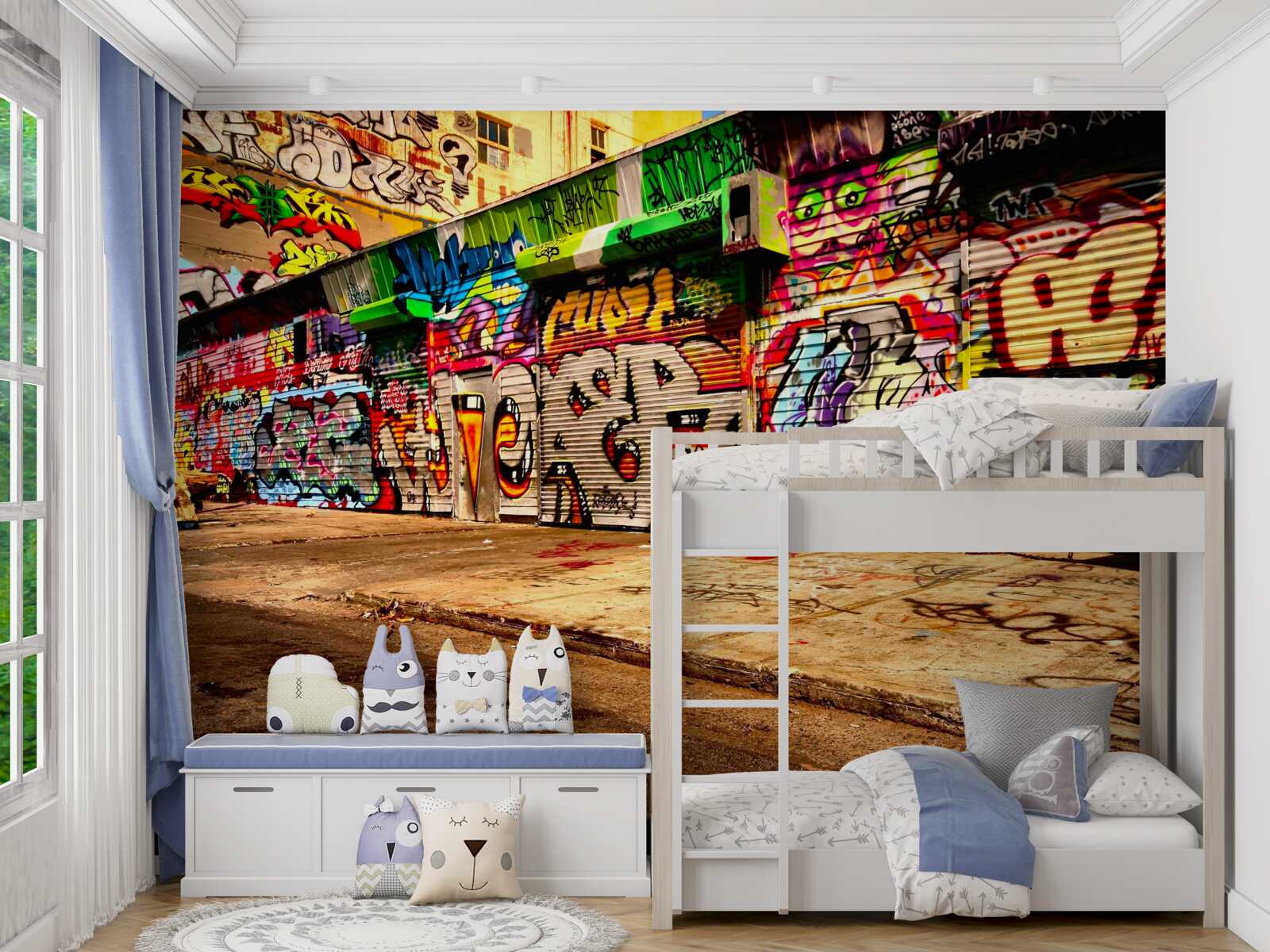 Papier peint les bâtiments situés le long de la rue sont décorés de graffitis