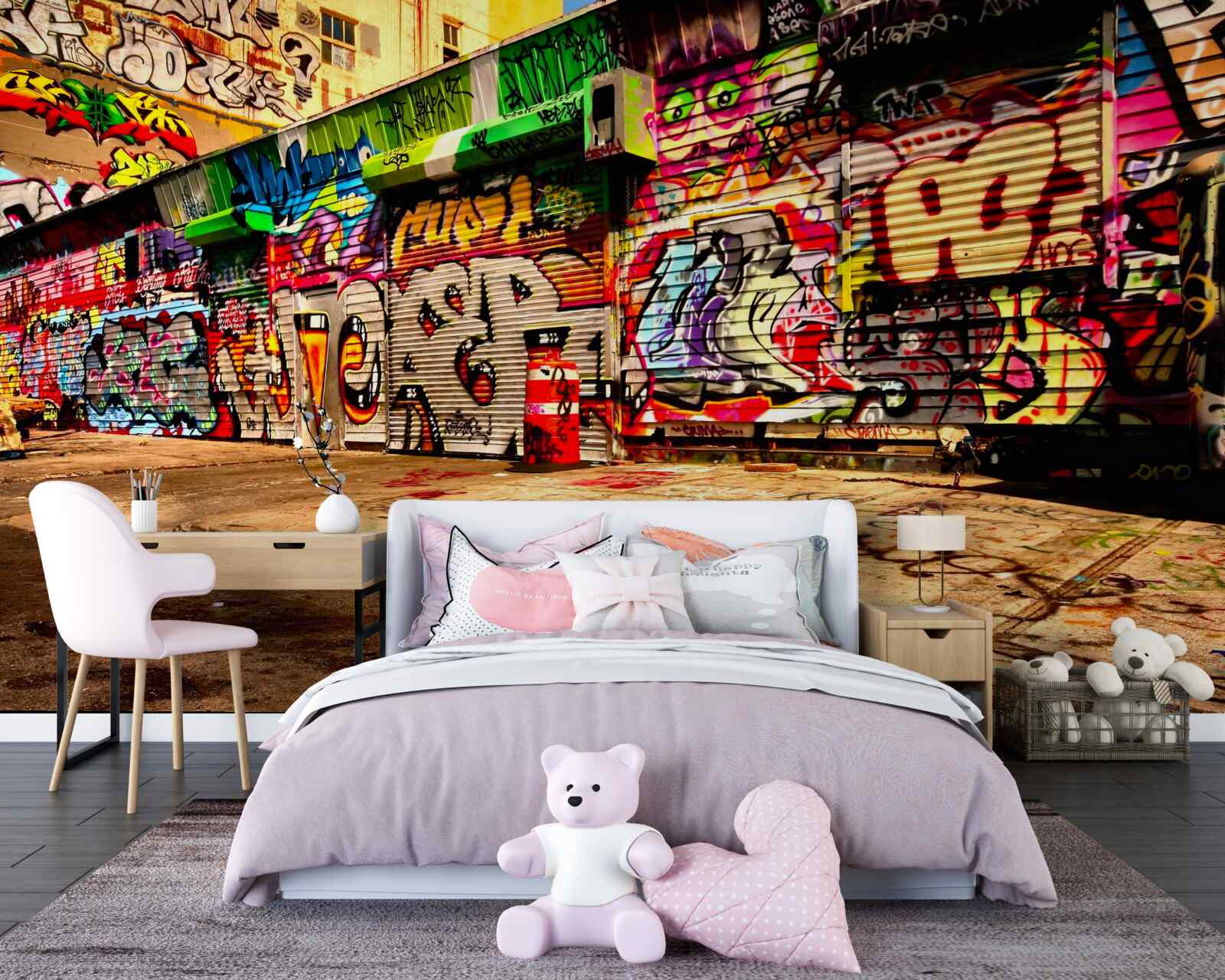 Papier peint les bâtiments situés le long de la rue sont décorés de graffitis