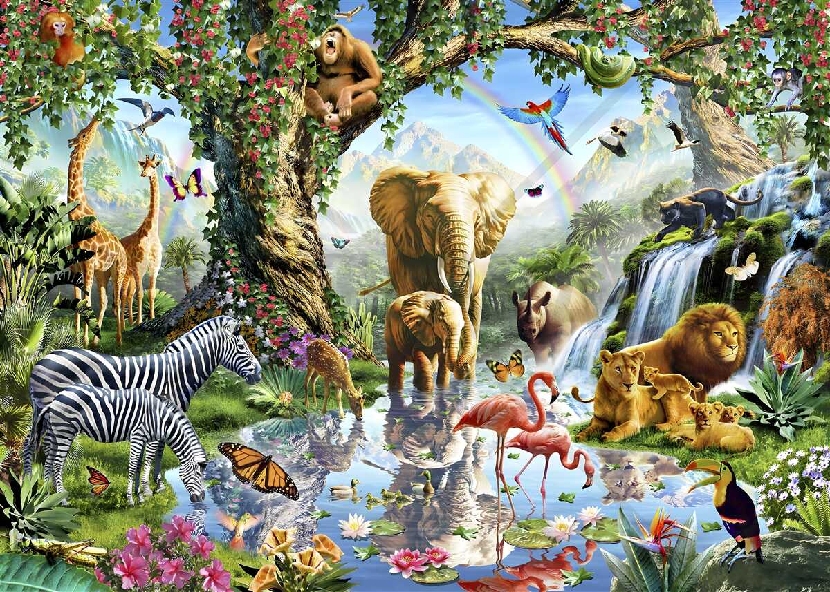 Papier peint divers animaux et oiseaux dans la forêt près de l'étang