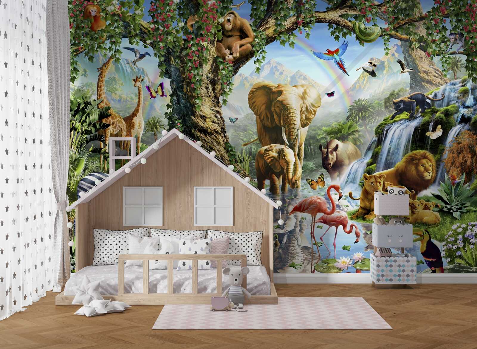 Papier peint divers animaux et oiseaux dans la forêt près de l'étang