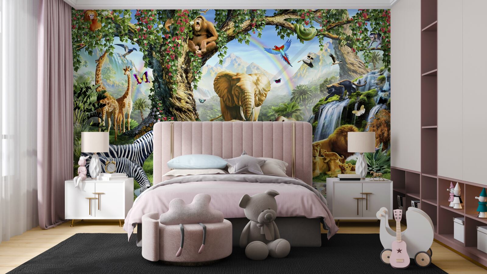 Papier peint divers animaux et oiseaux dans la forêt près de l'étang