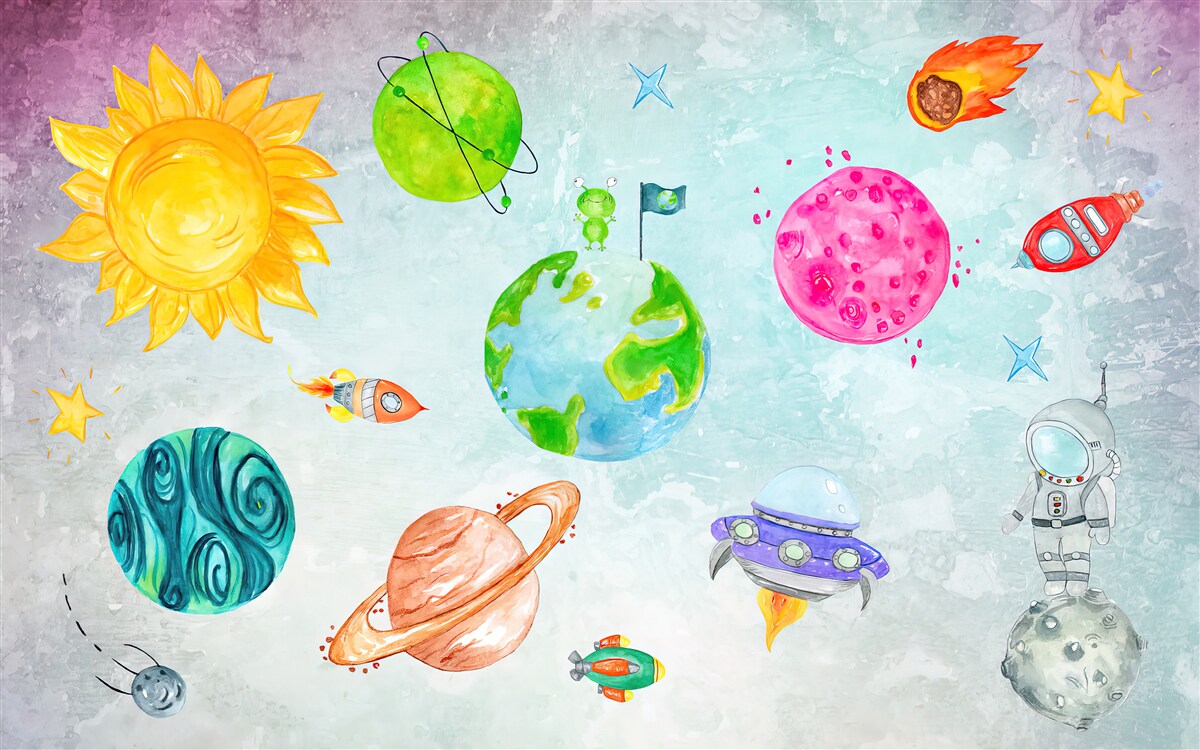 Papier peint représentation de planètes et d'un astronaute sur la surface lunaire