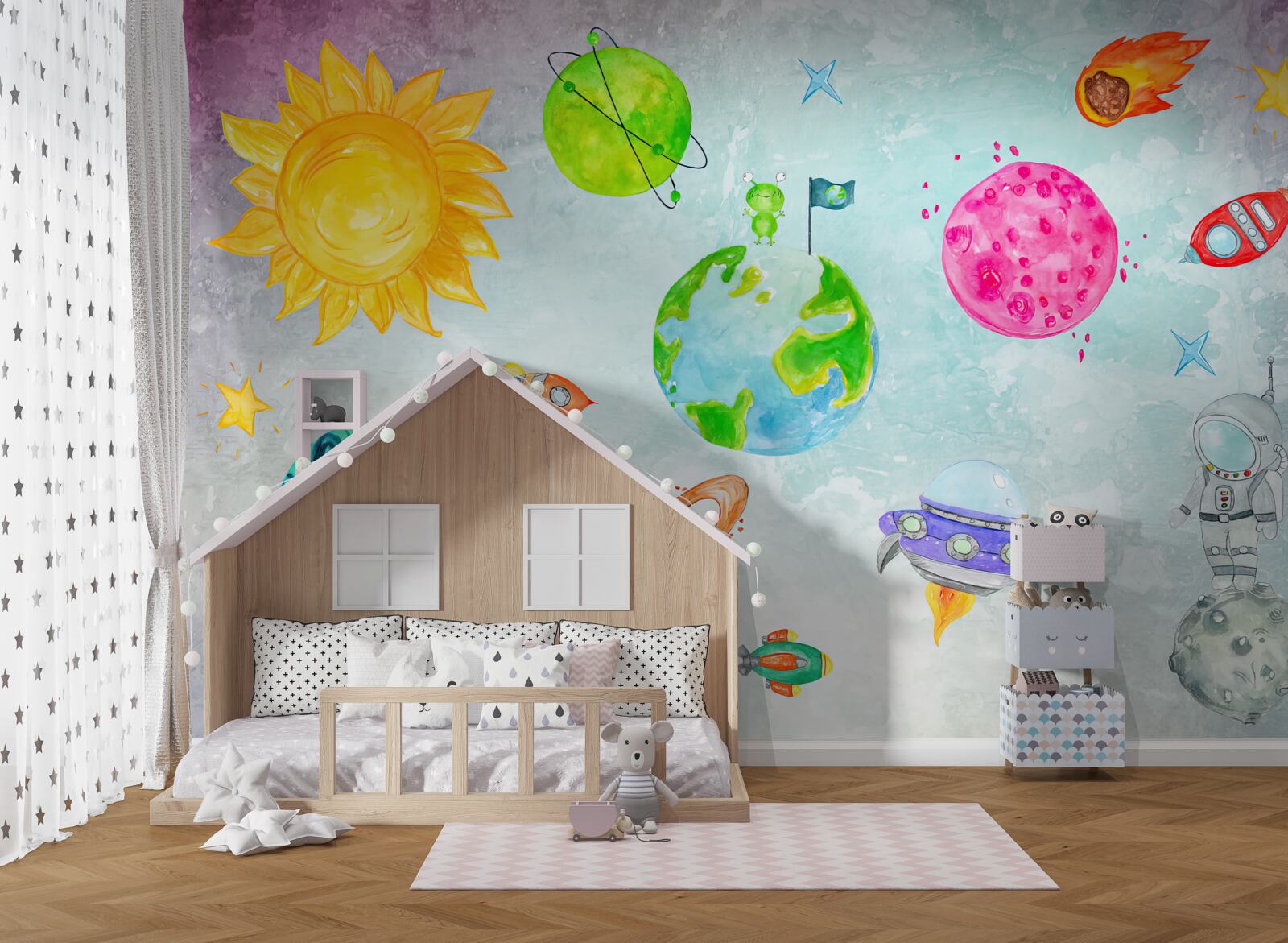 Papier peint représentation de planètes et d'un astronaute sur la surface lunaire