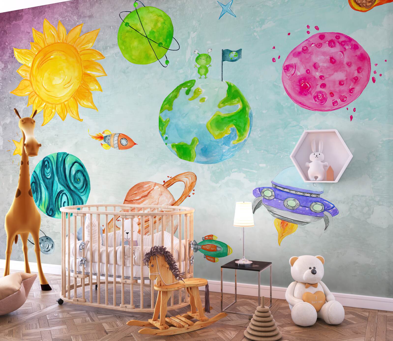 Papier peint représentation de planètes et d'un astronaute sur la surface lunaire