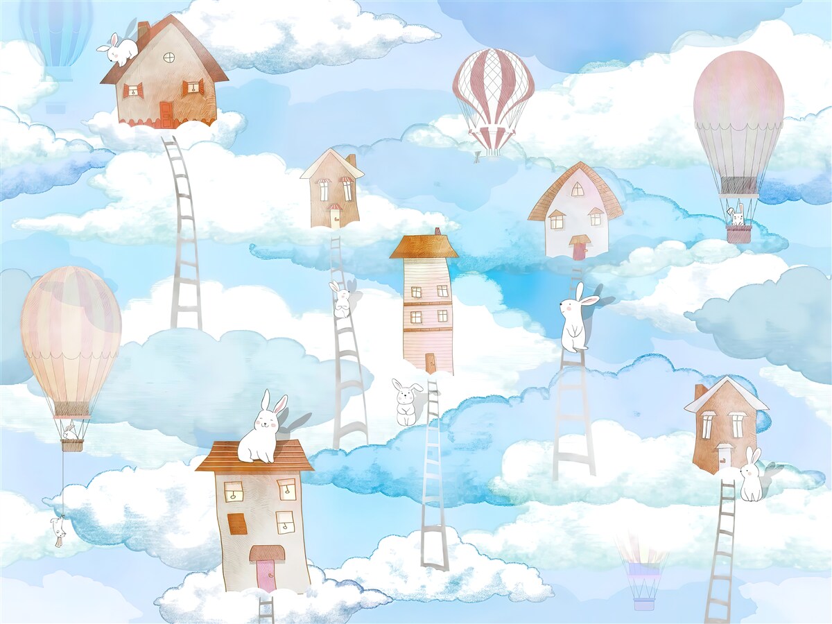 Papier peint des lapins au sommet des bâtiments et des escaliers