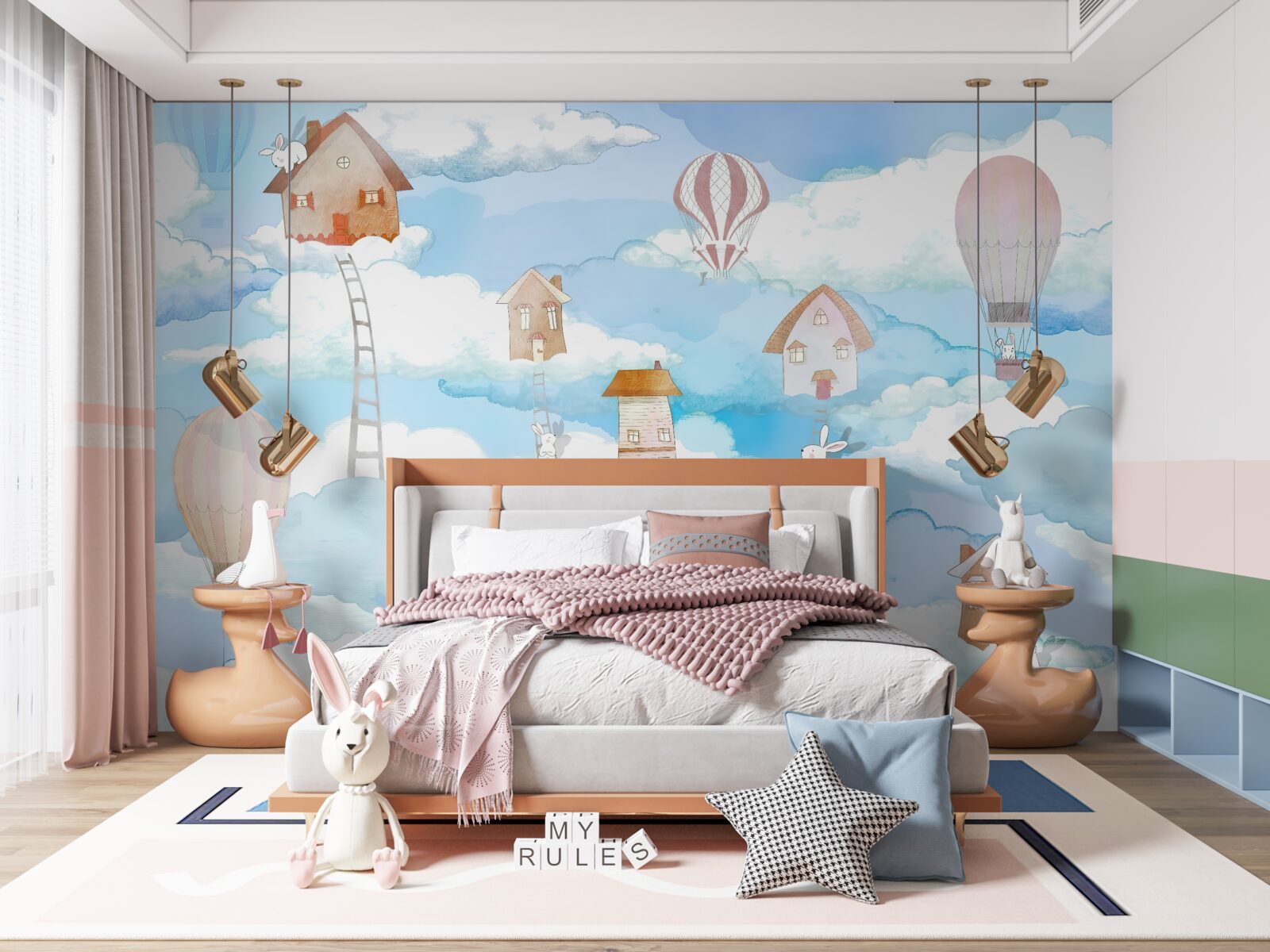 Papier peint des lapins au sommet des bâtiments et des escaliers