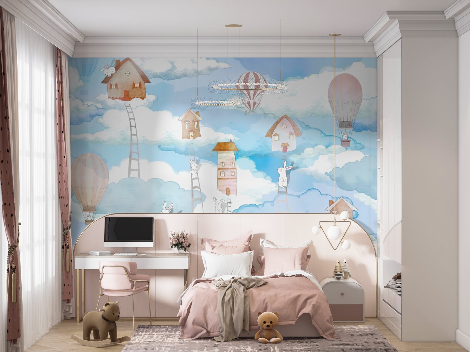 Papier peint des lapins au sommet des bâtiments et des escaliers