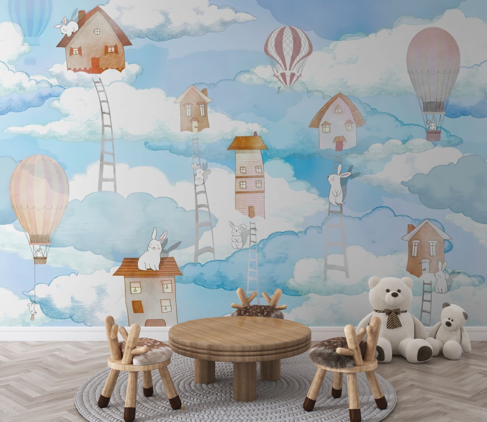 Papier peint des lapins au sommet des bâtiments et des escaliers