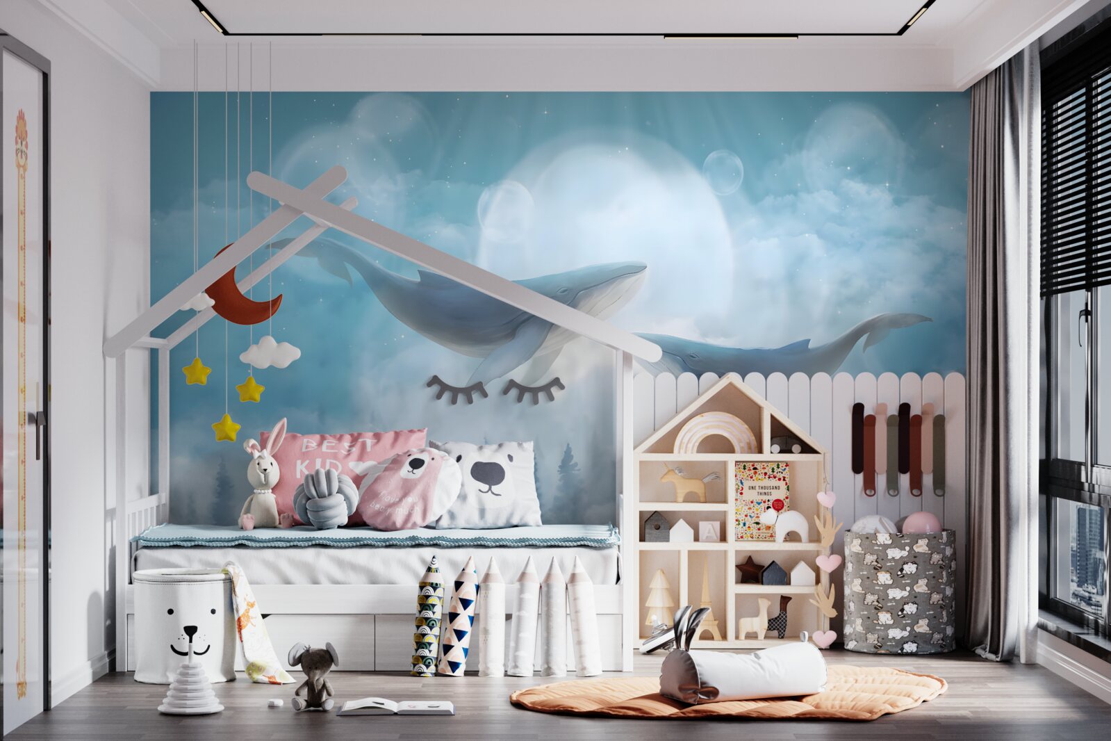 Papier peint les baleines planent au-dessus de la forêt brumeuse