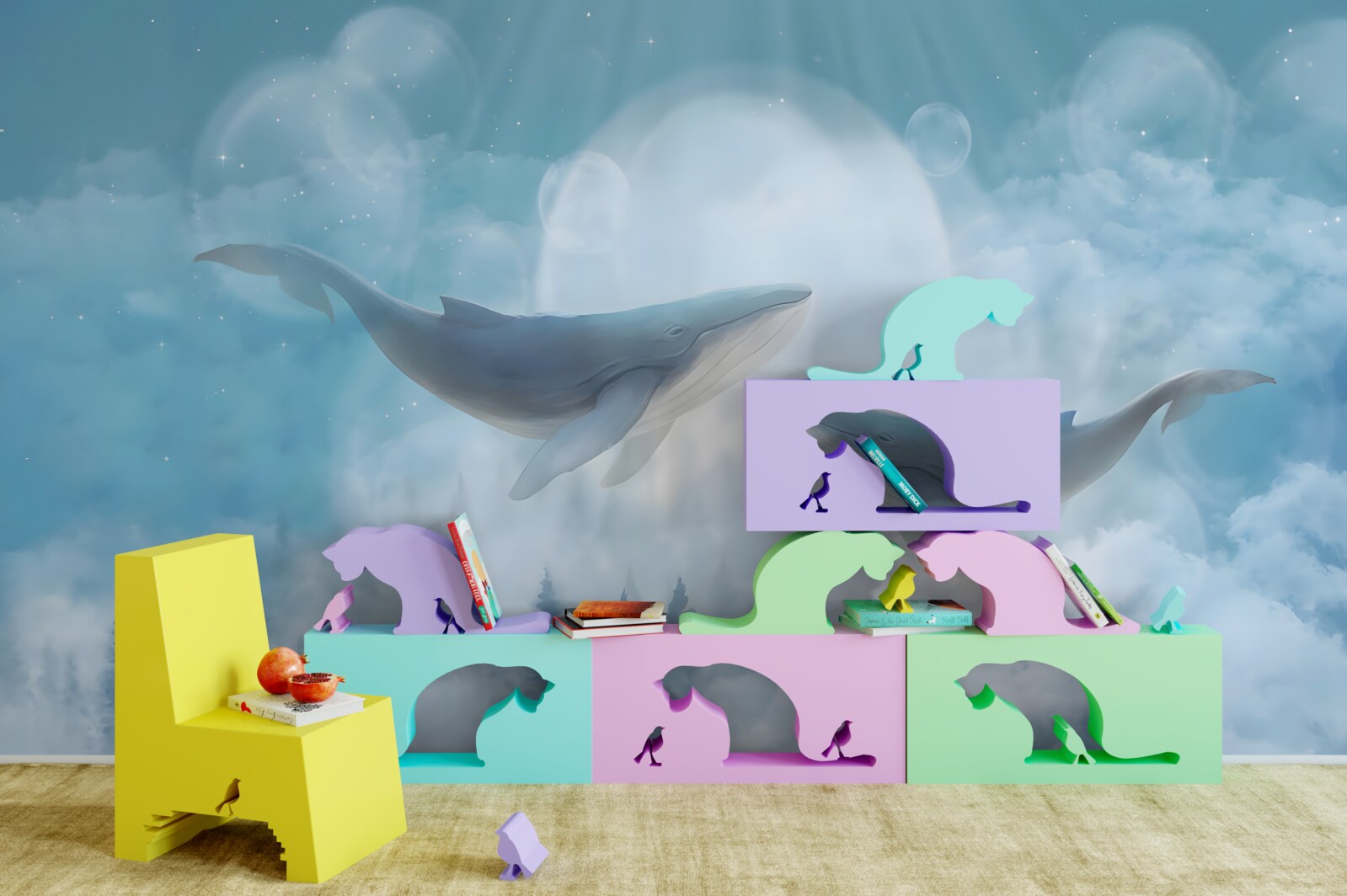 Papier peint les baleines planent au-dessus de la forêt brumeuse