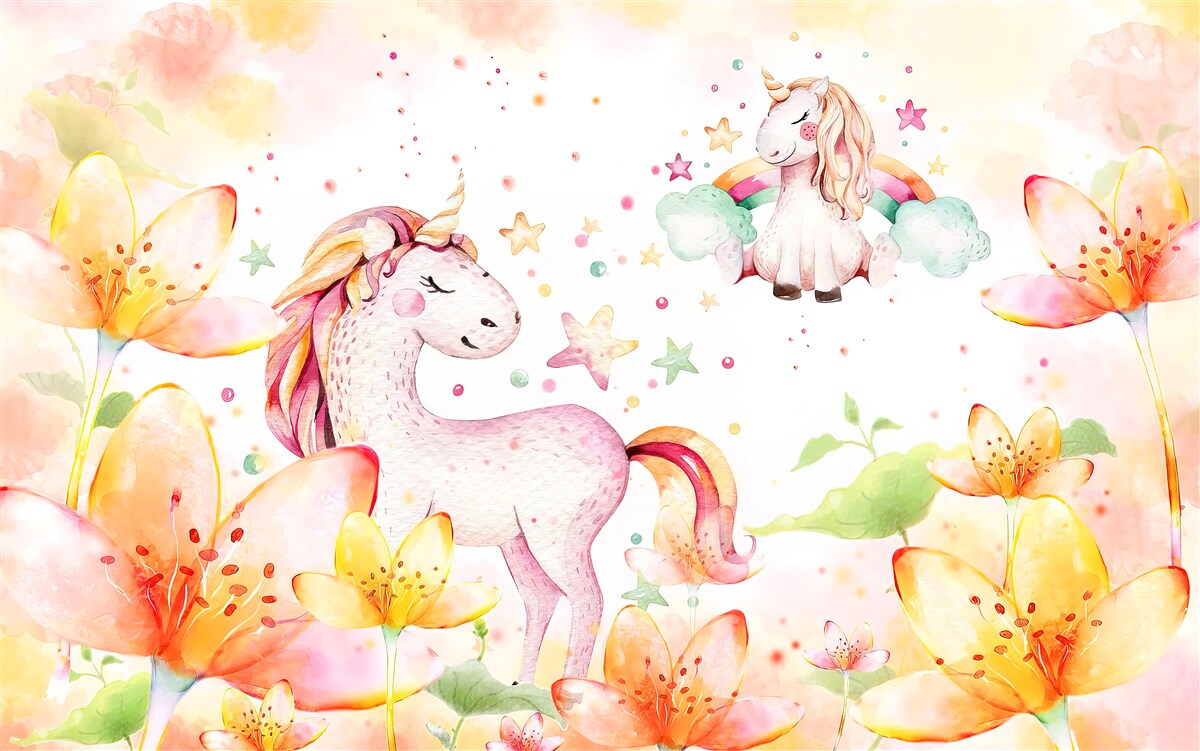 Papier peint des fleurs autour des licornes les yeux fermés