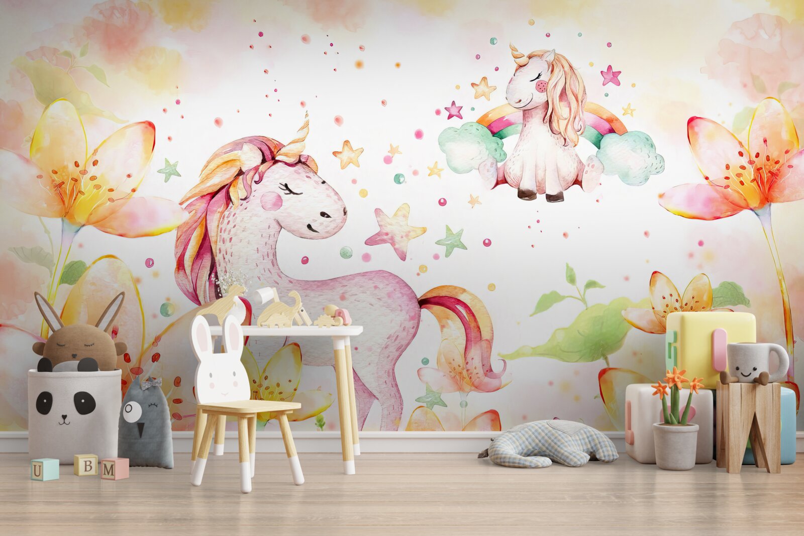 Papier peint des fleurs autour des licornes les yeux fermés