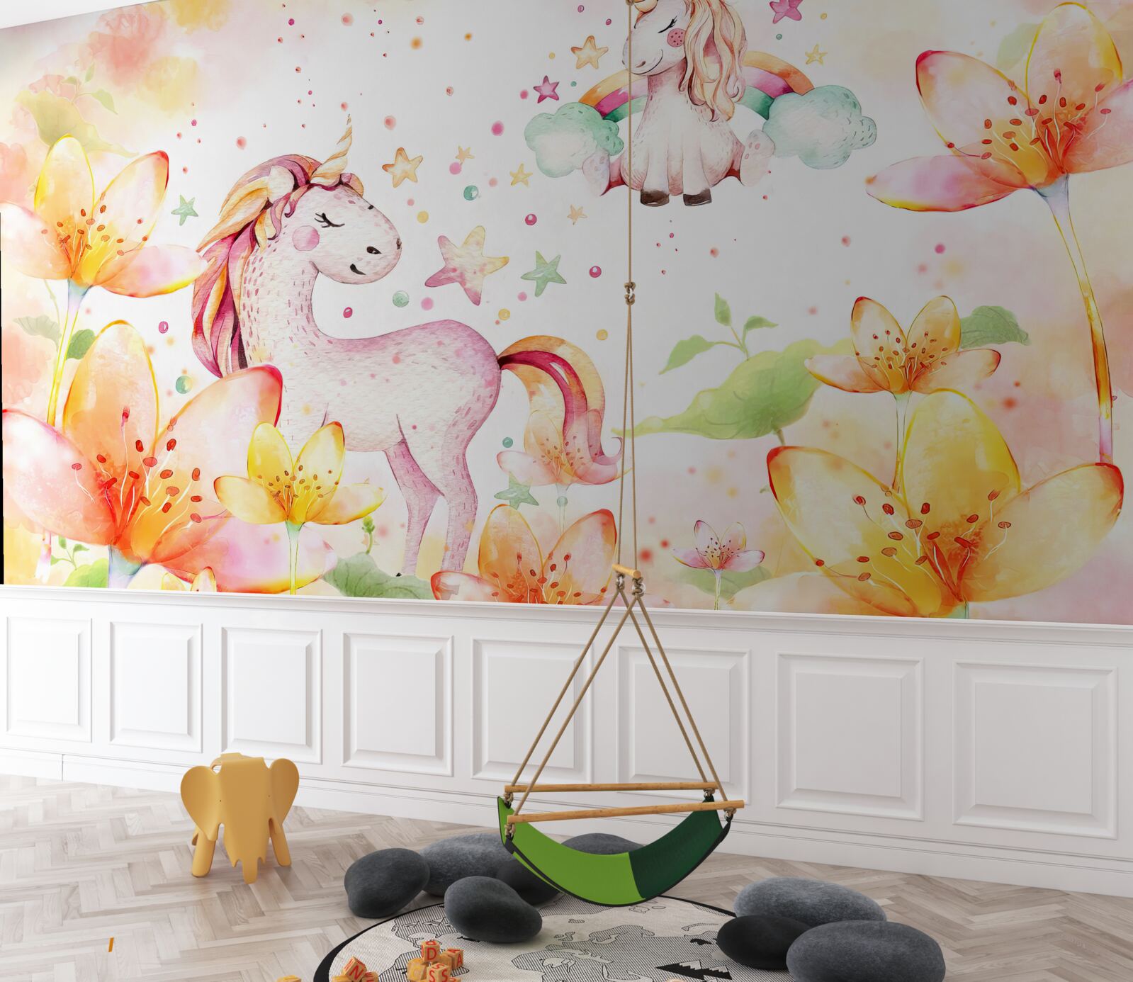 Papier peint des fleurs autour des licornes les yeux fermés