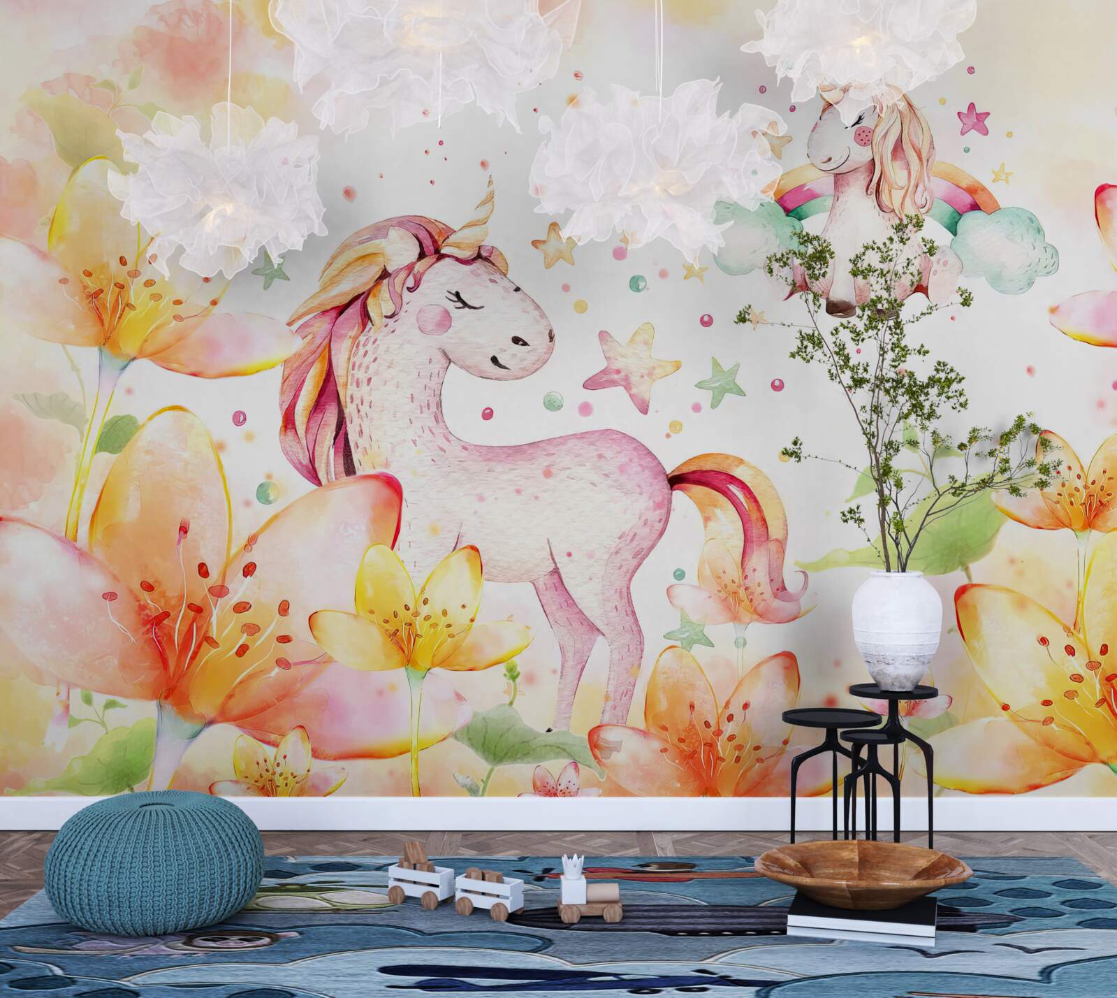 Papier peint des fleurs autour des licornes les yeux fermés