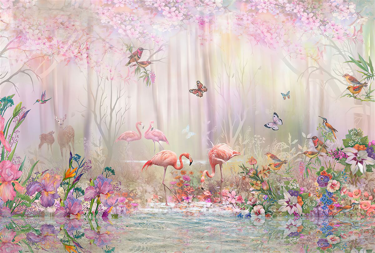 Papier peint flamants roses et autres oiseaux dans une forêt brumeuse