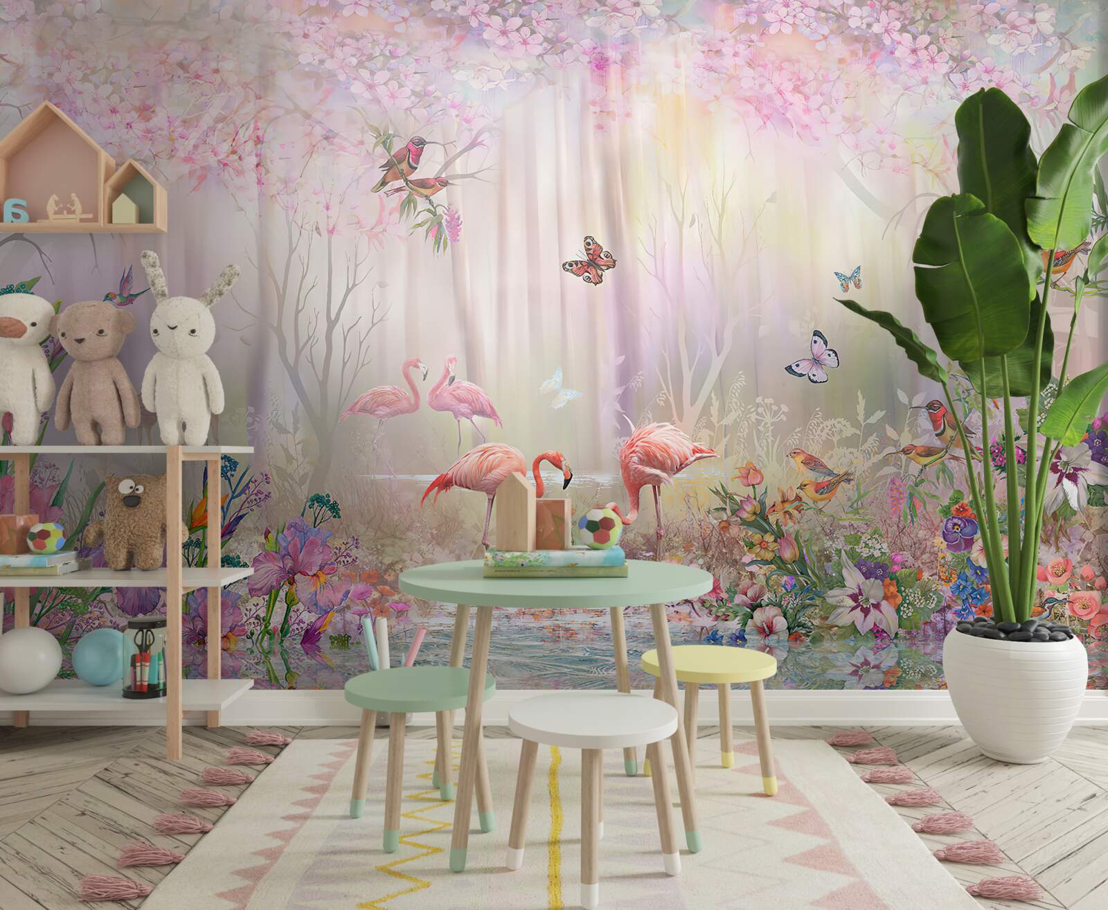 Papier peint flamants roses et autres oiseaux dans une forêt brumeuse
