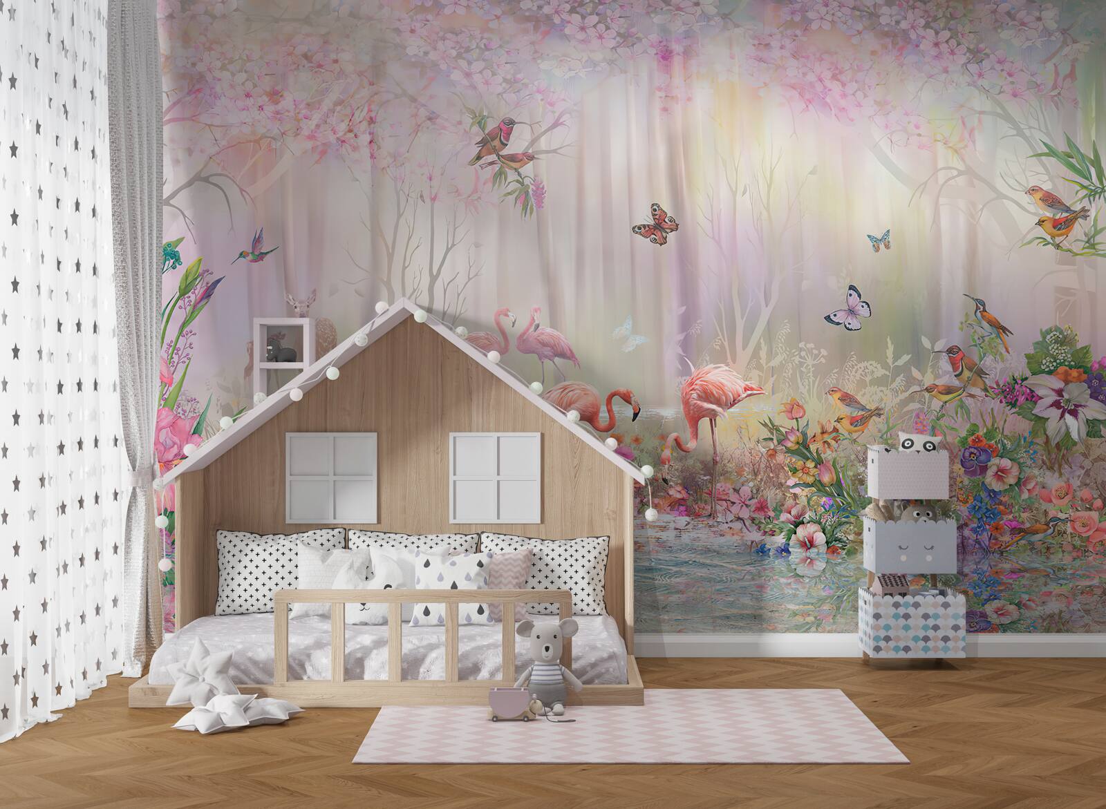 Papier peint flamants roses et autres oiseaux dans une forêt brumeuse