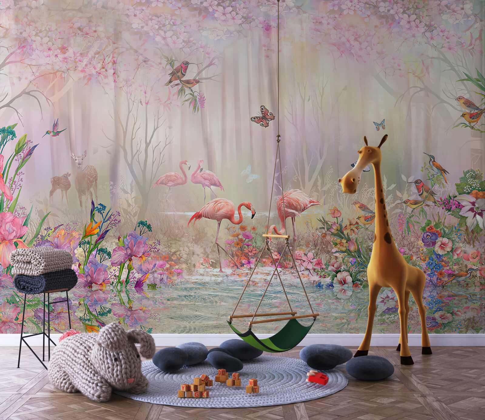 Papier peint flamants roses et autres oiseaux dans une forêt brumeuse