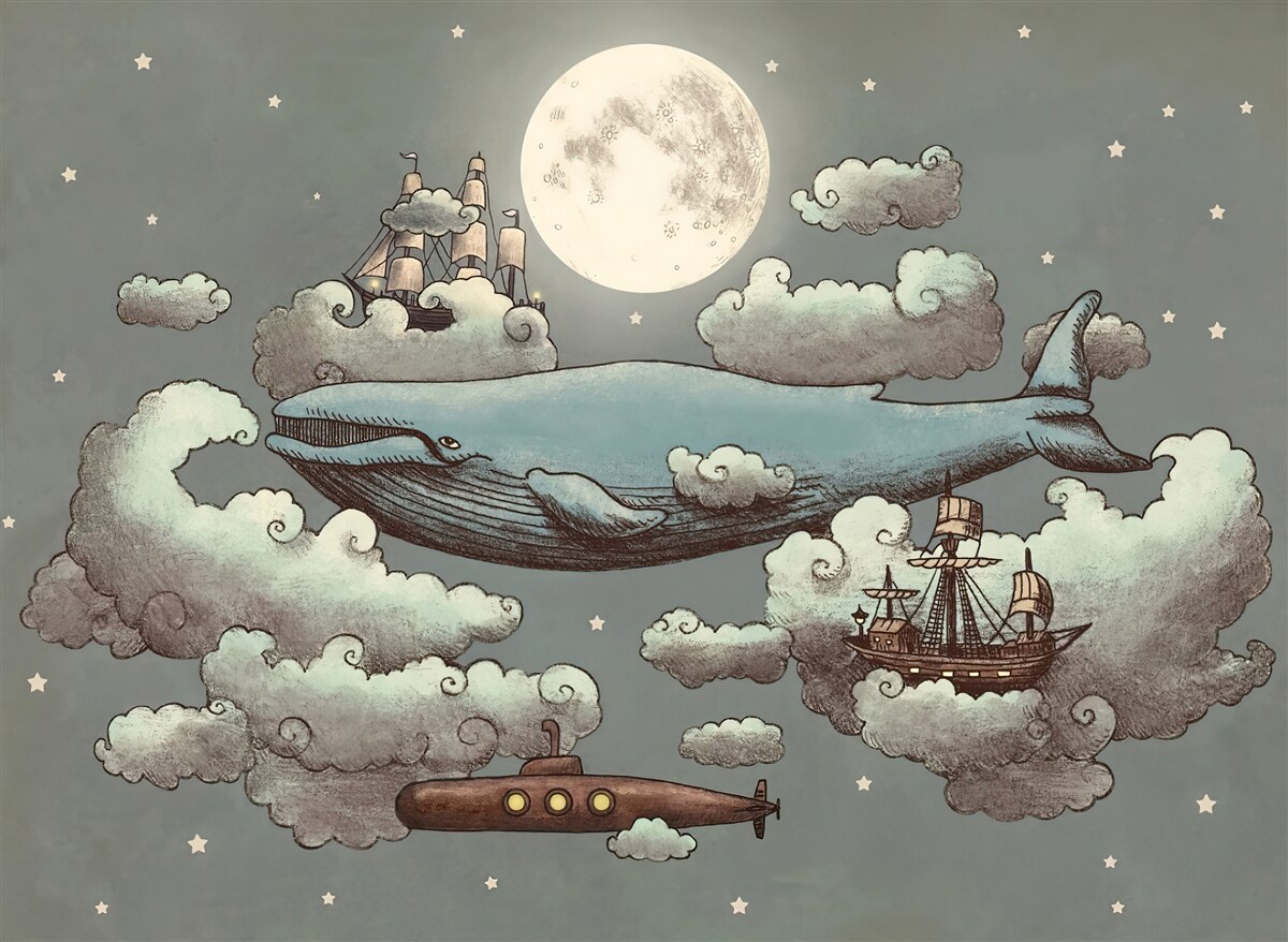 Papier peint un cachalot et un bateau flottant dans les nuages