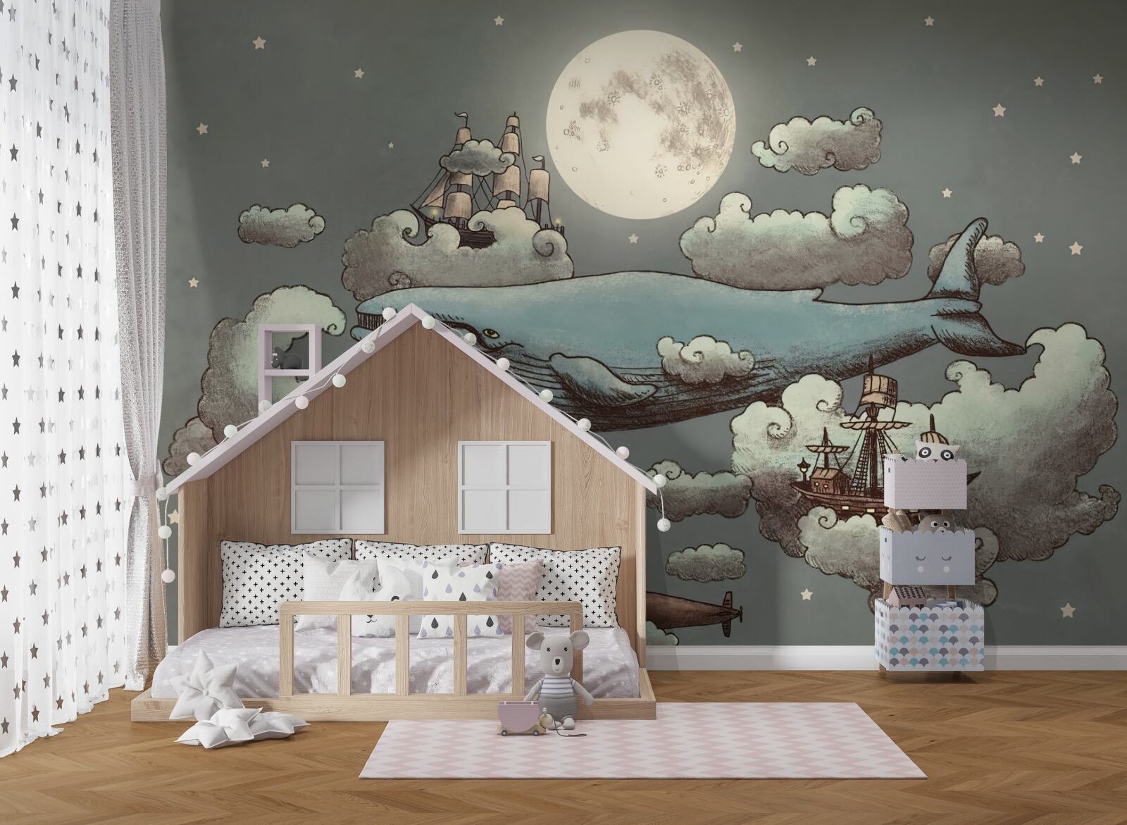 Papier peint un cachalot et un bateau flottant dans les nuages