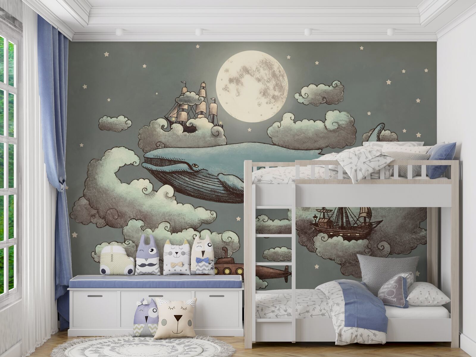 Papier peint un cachalot et un bateau flottant dans les nuages