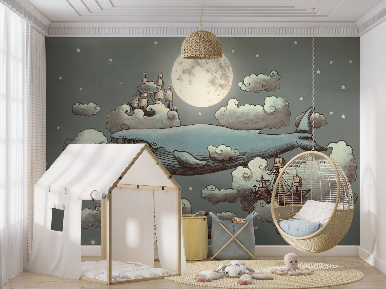 Papier peint un cachalot et un bateau flottant dans les nuages