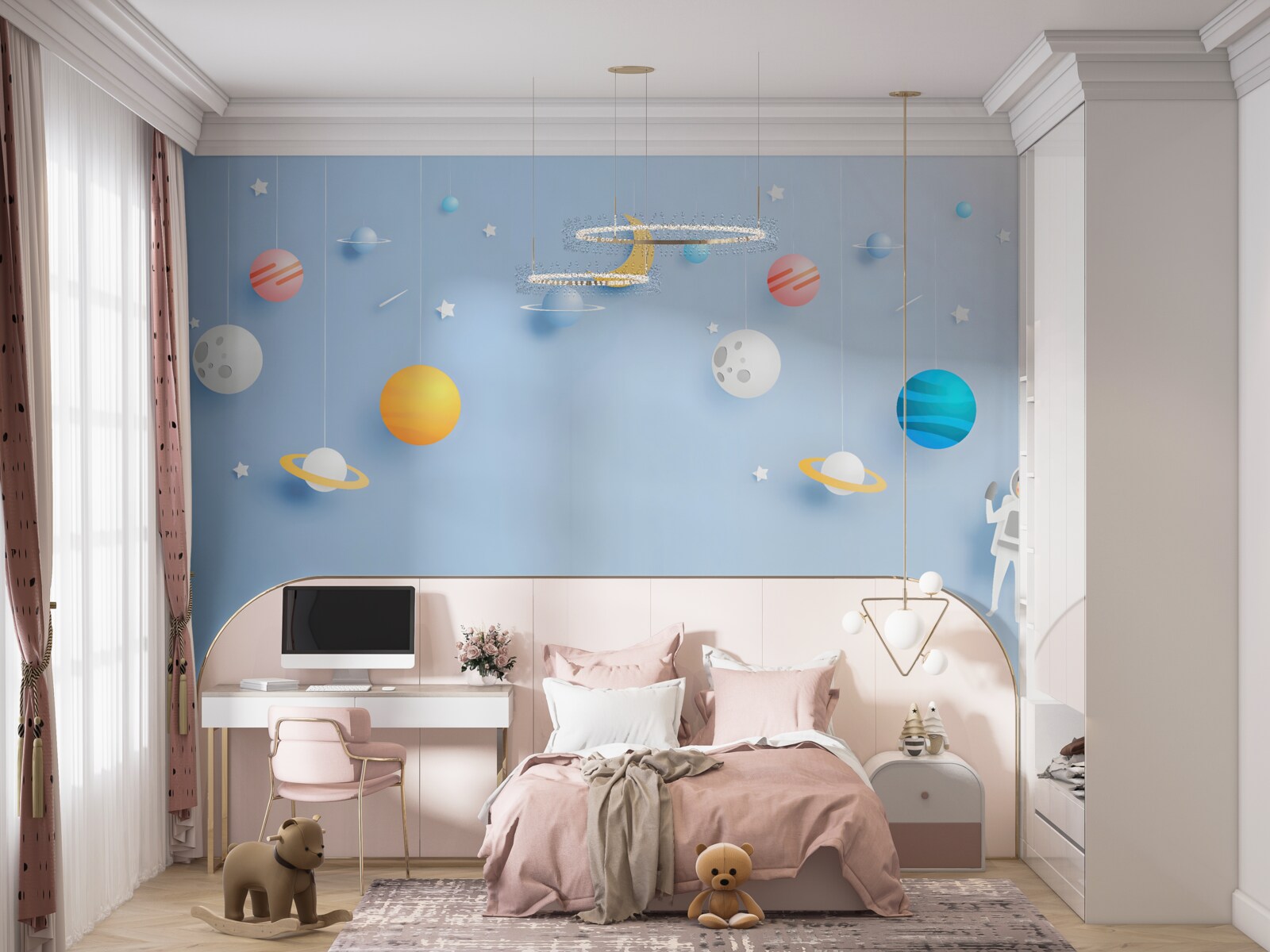 Papier peint astronaute entouré de planètes