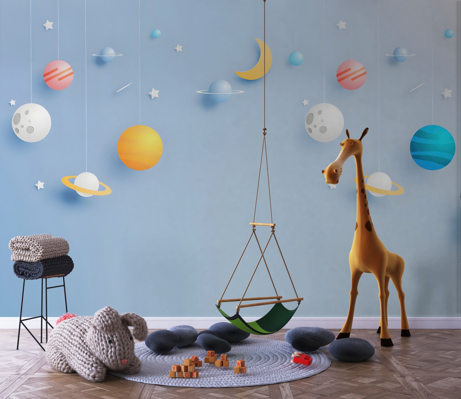 Papier peint astronaute entouré de planètes