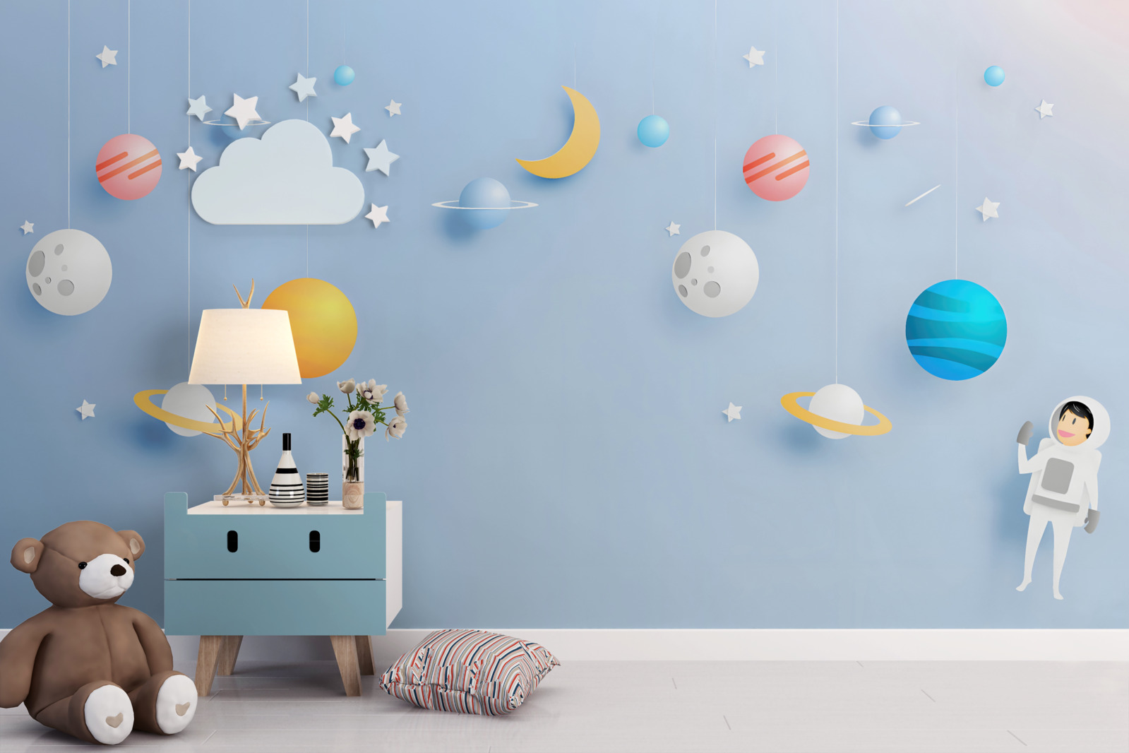 Papier peint astronaute entouré de planètes