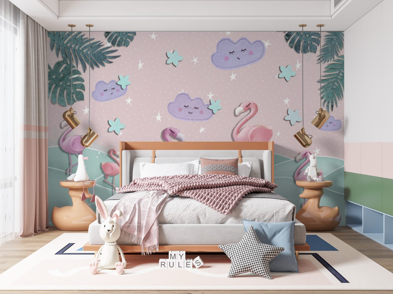 Papier peint Les flamants roses se tiennent en équilibre sur une jambe