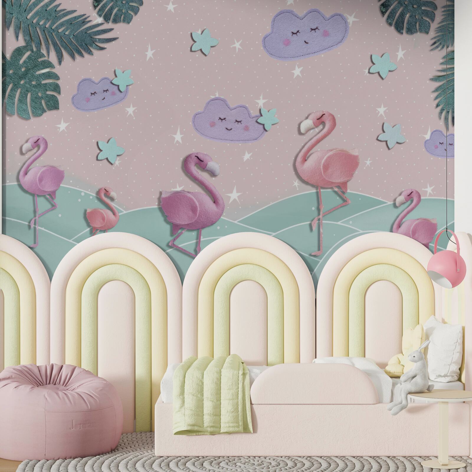 Papier peint Les flamants roses se tiennent en équilibre sur une jambe