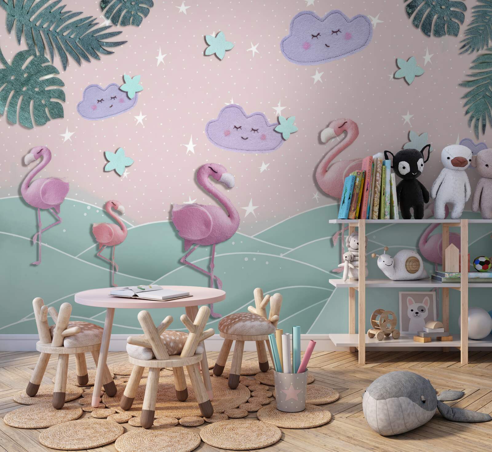 Papier peint Les flamants roses se tiennent en équilibre sur une jambe