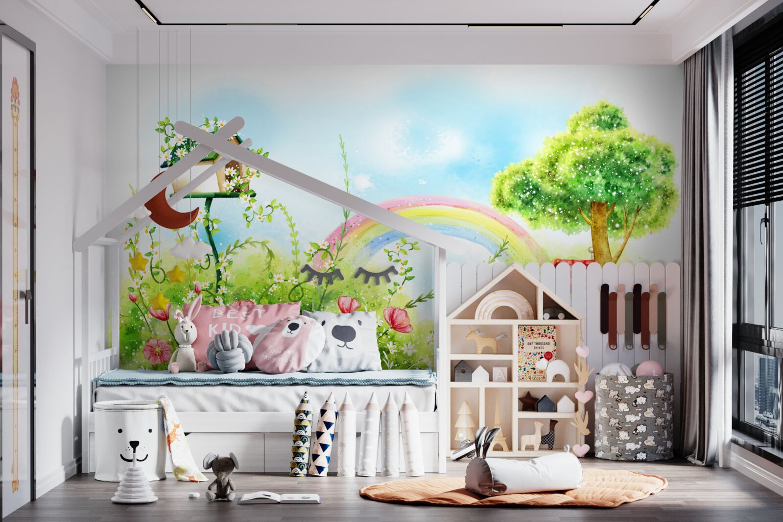 Papier peint pelouse, petite maison et arche multicolore