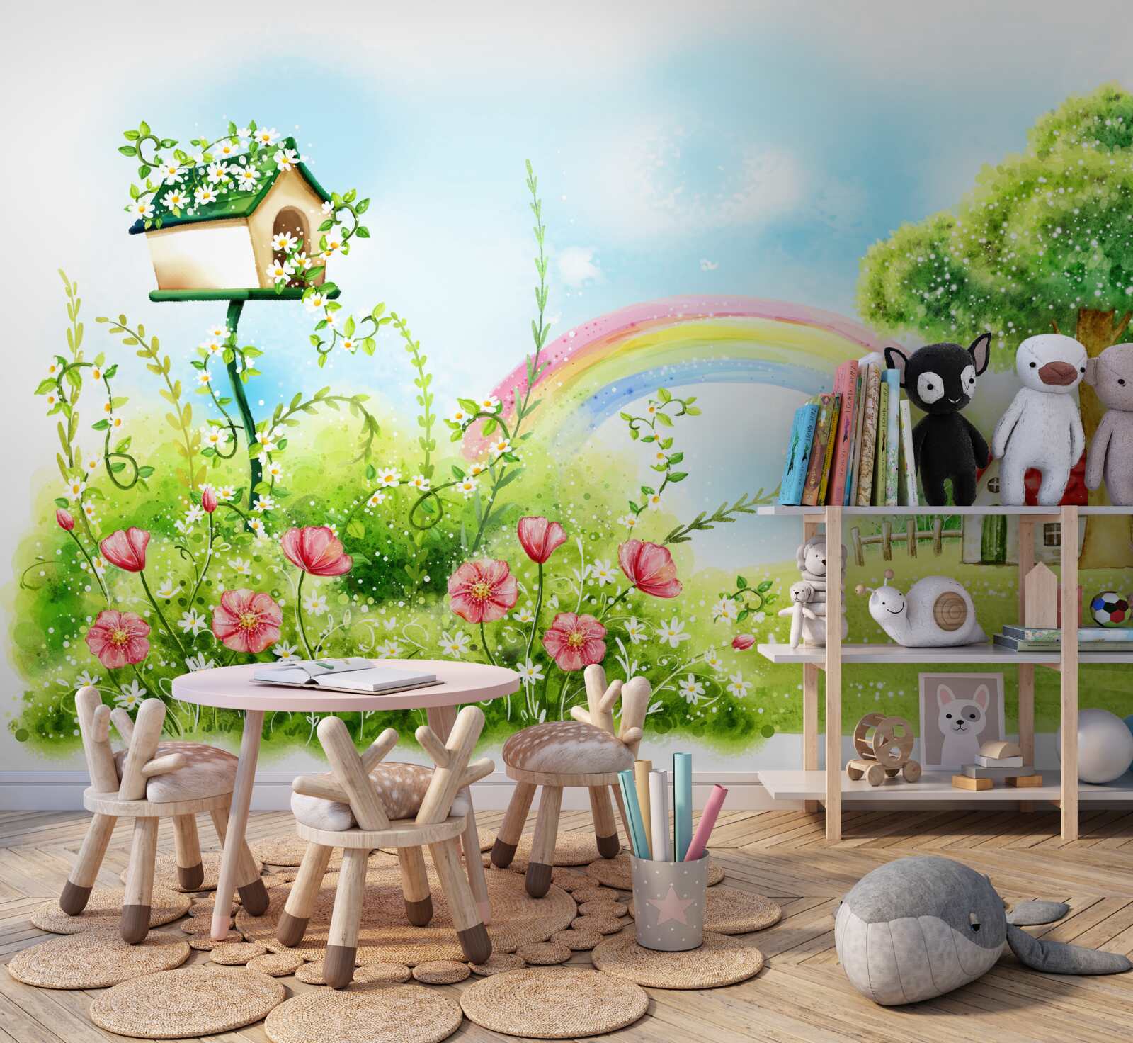 Papier peint pelouse, petite maison et arche multicolore