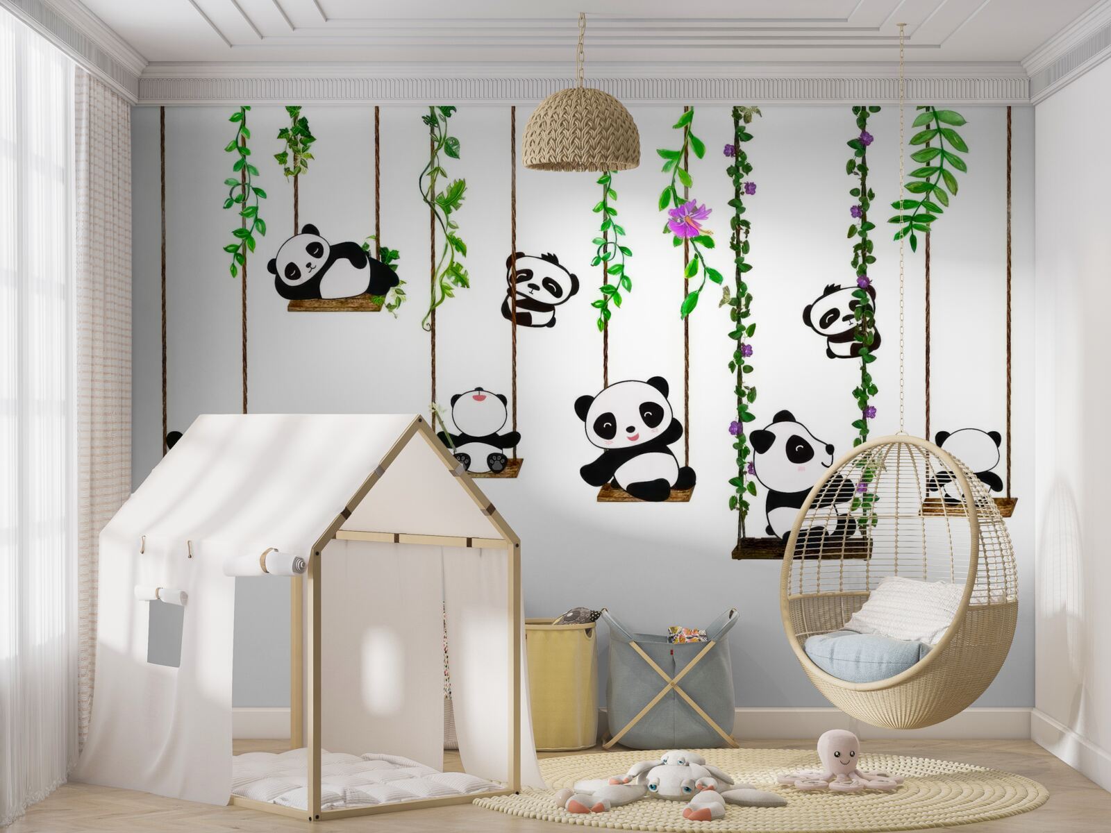 Papier peint balançoire verte balançoire pandas heureux