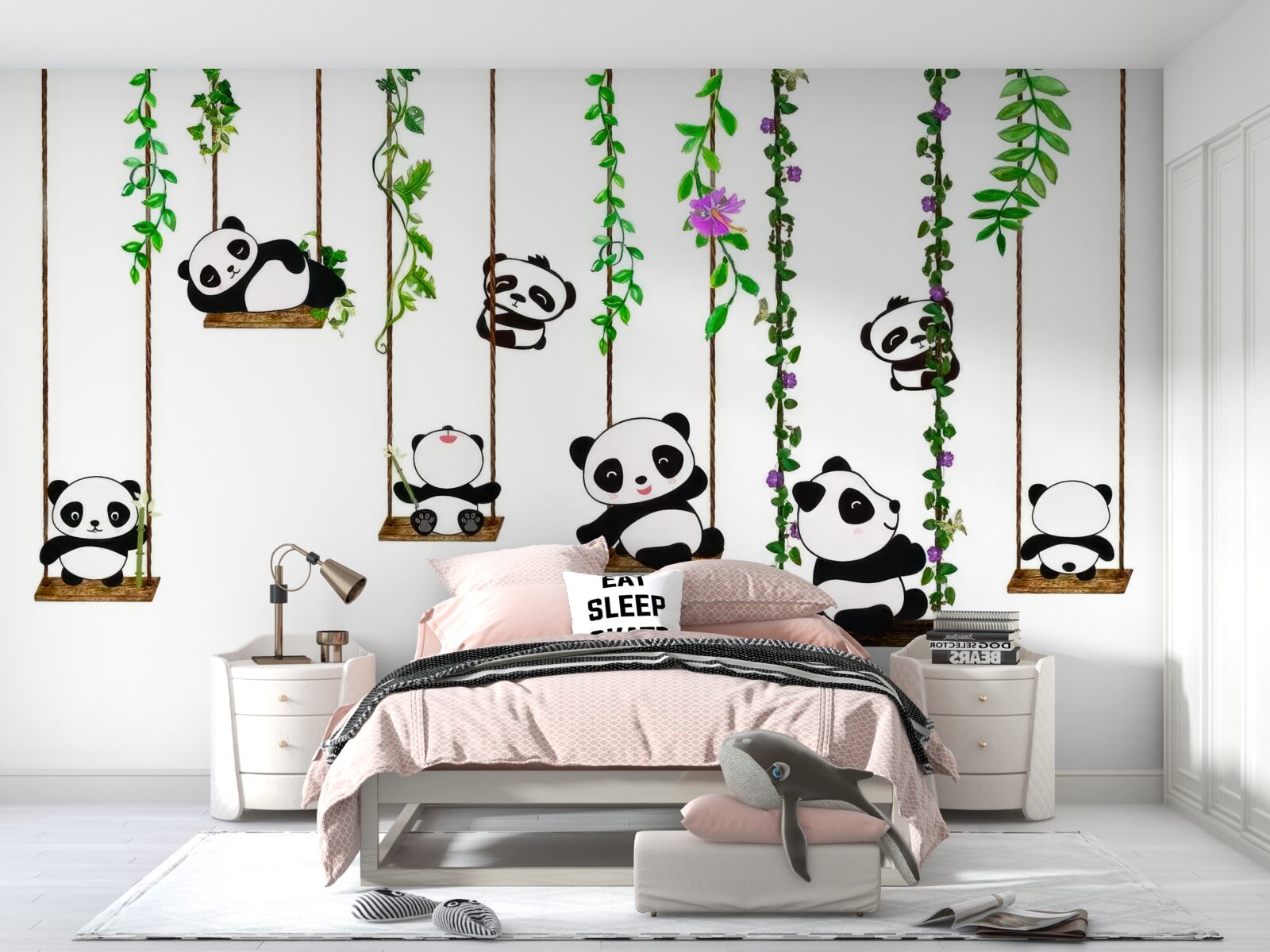 Papier peint balançoire verte balançoire pandas heureux