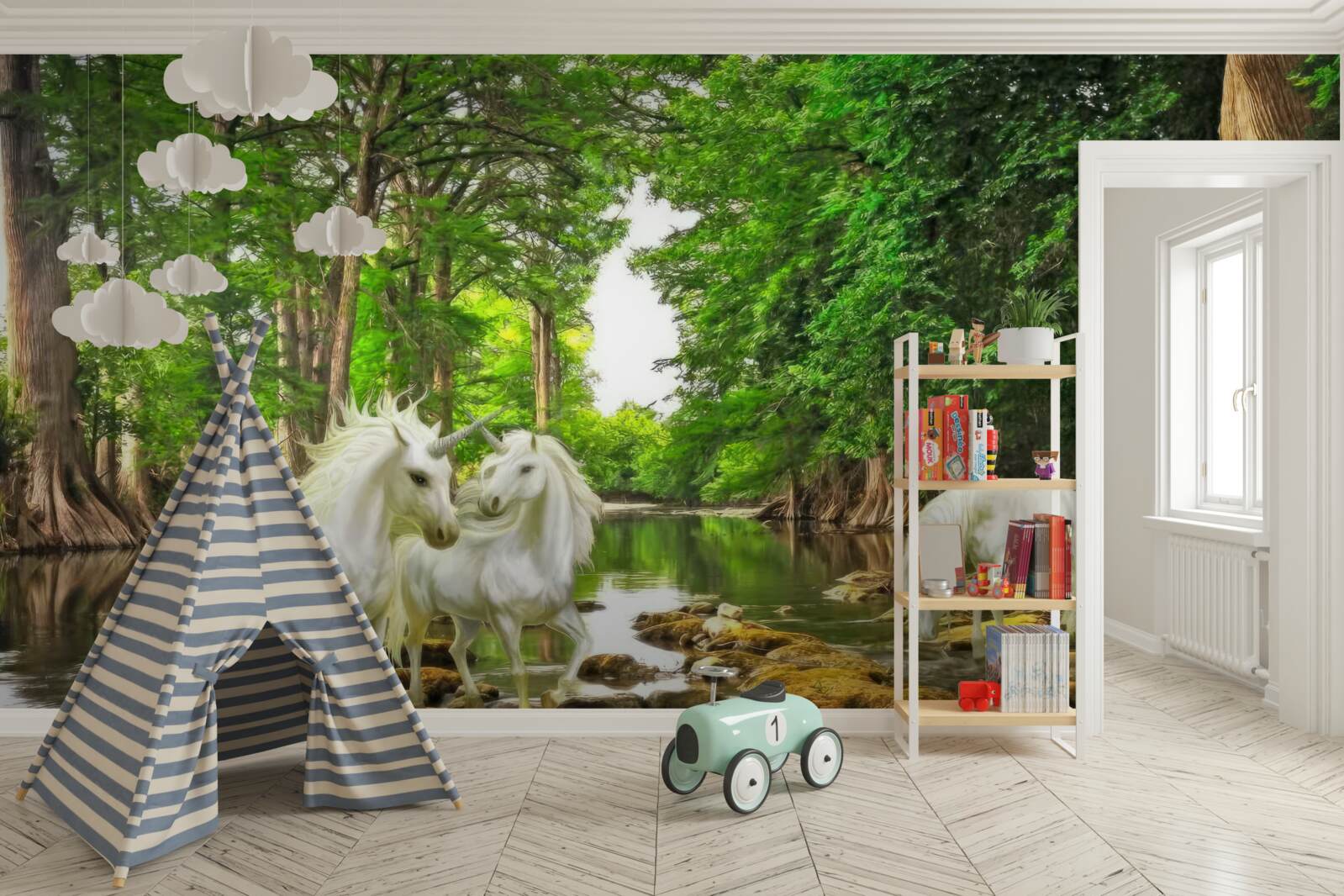 Papier peint dans la forêt, au bord de l'eau, il y a trois pégases légers