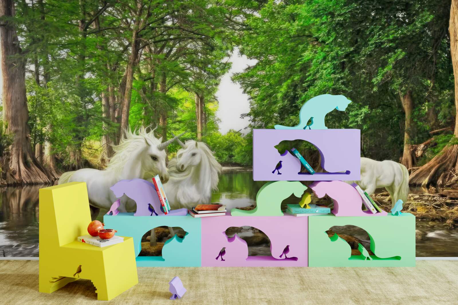 Papier peint dans la forêt, au bord de l'eau, il y a trois pégases légers