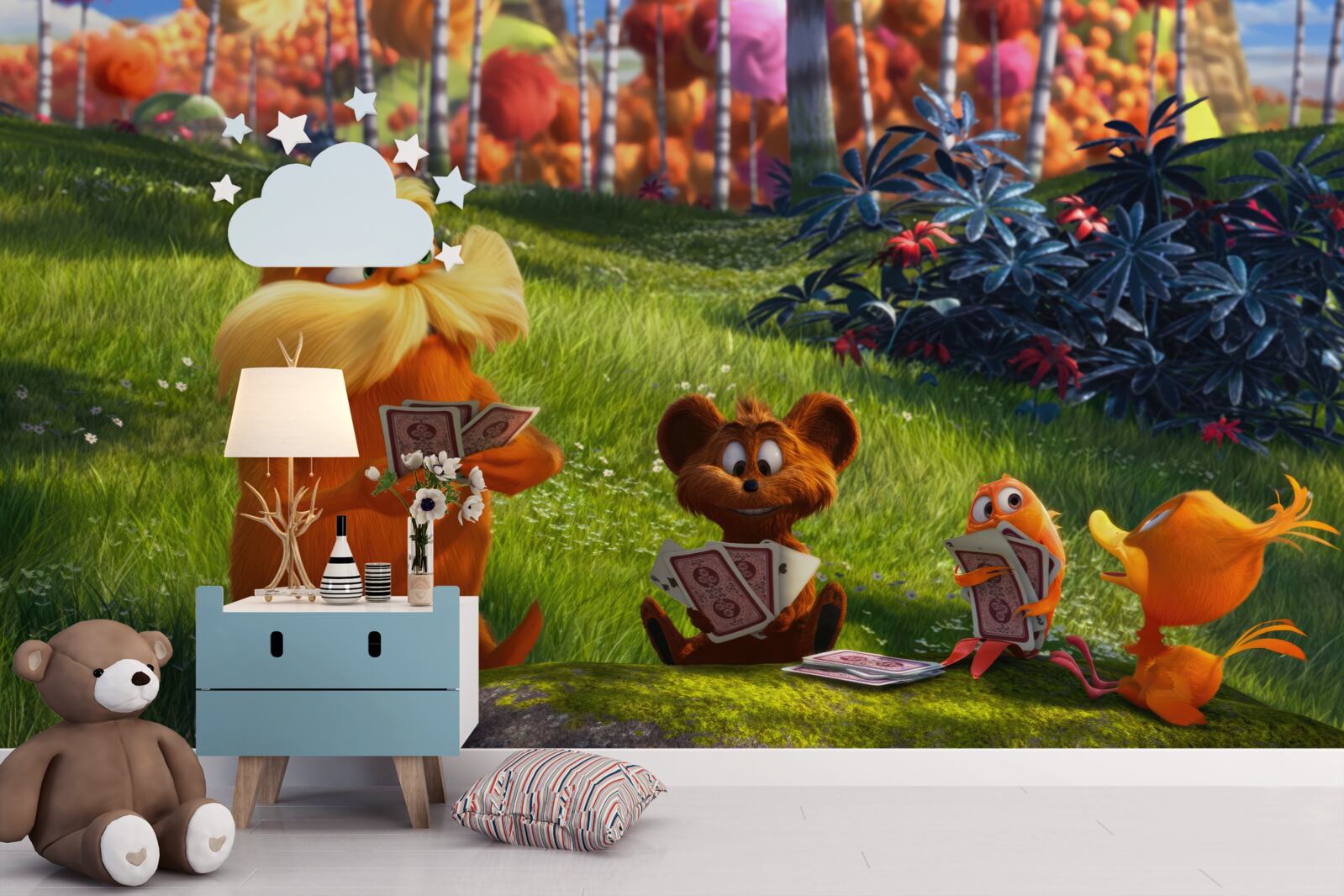 Papier peint dans une clairière, les animaux jouent aux cartes avec enthousiasme