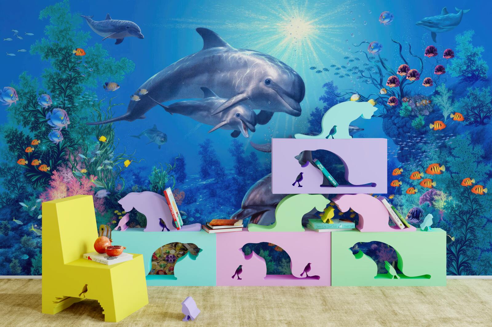 Papier peint groupe de dauphins dans un environnement sous-marin