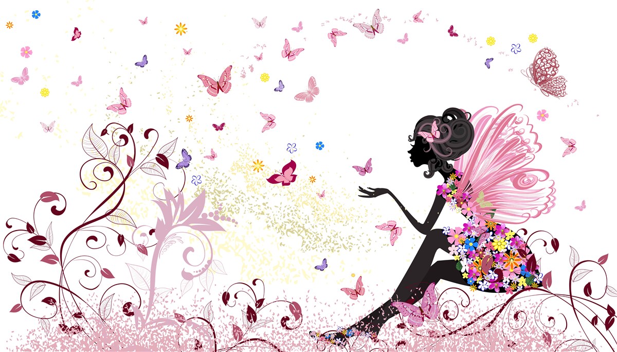 Papier peint silhouette d'une fille et de nombreux papillons