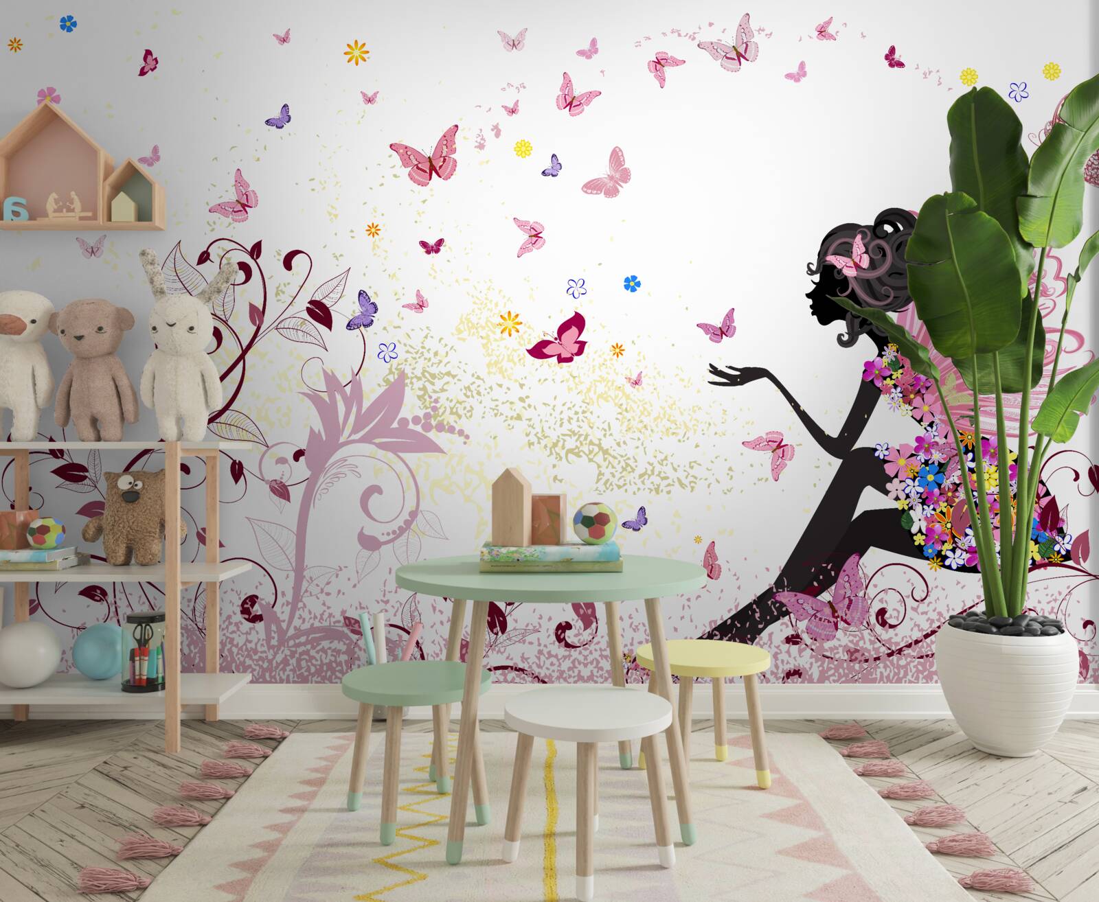 Papier peint silhouette d'une fille et de nombreux papillons