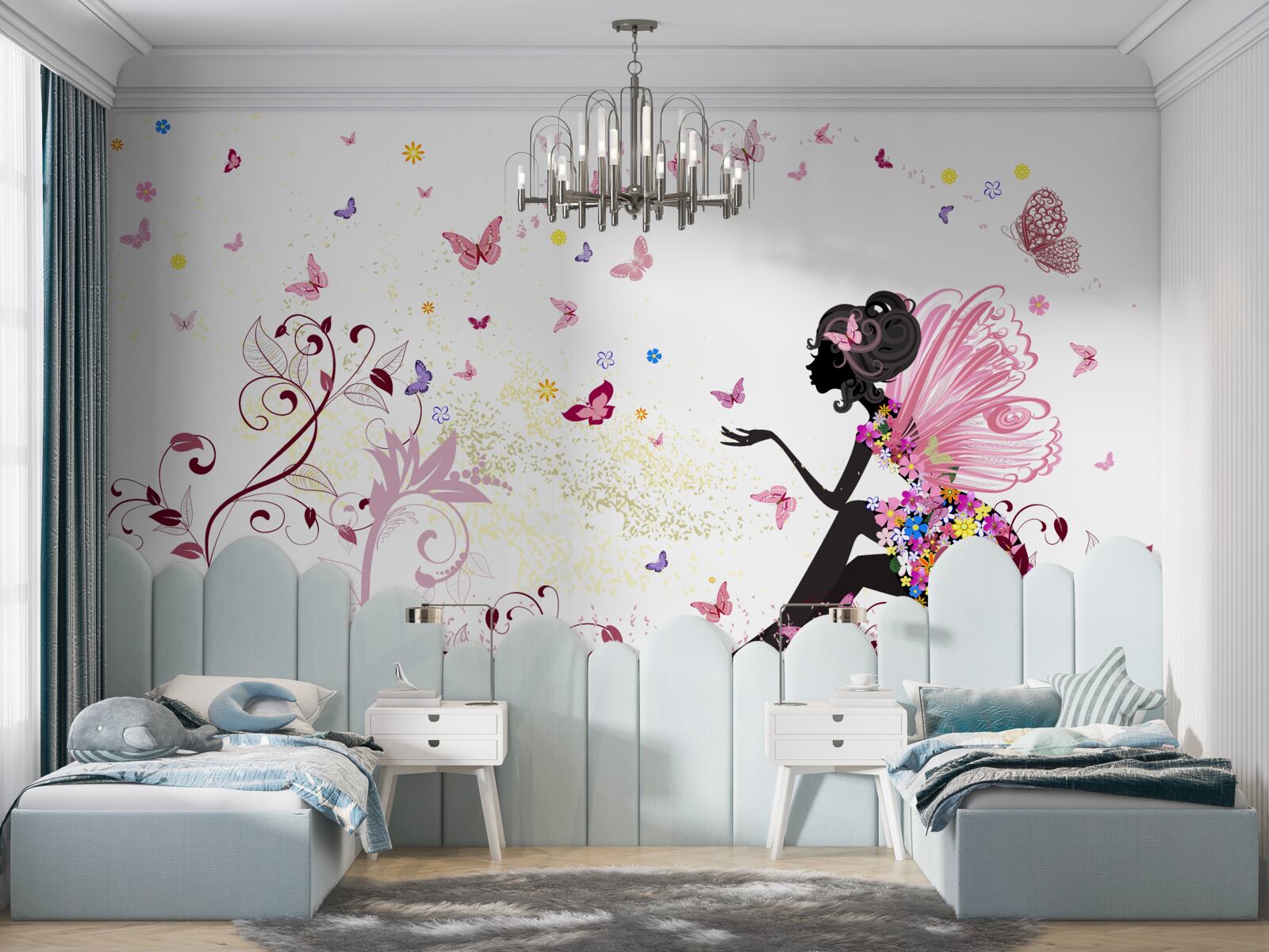 Papier peint silhouette d'une fille et de nombreux papillons