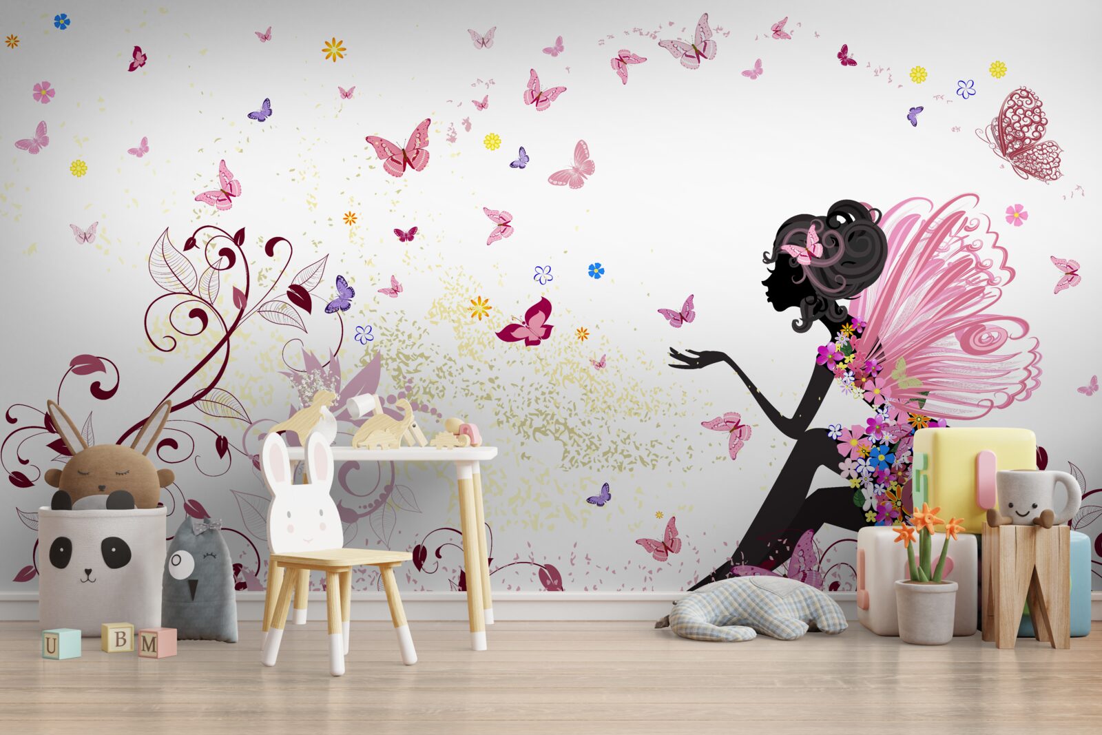 Papier peint silhouette d'une fille et de nombreux papillons