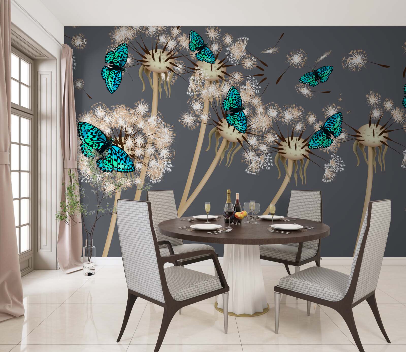 Papier peint roes et papillons