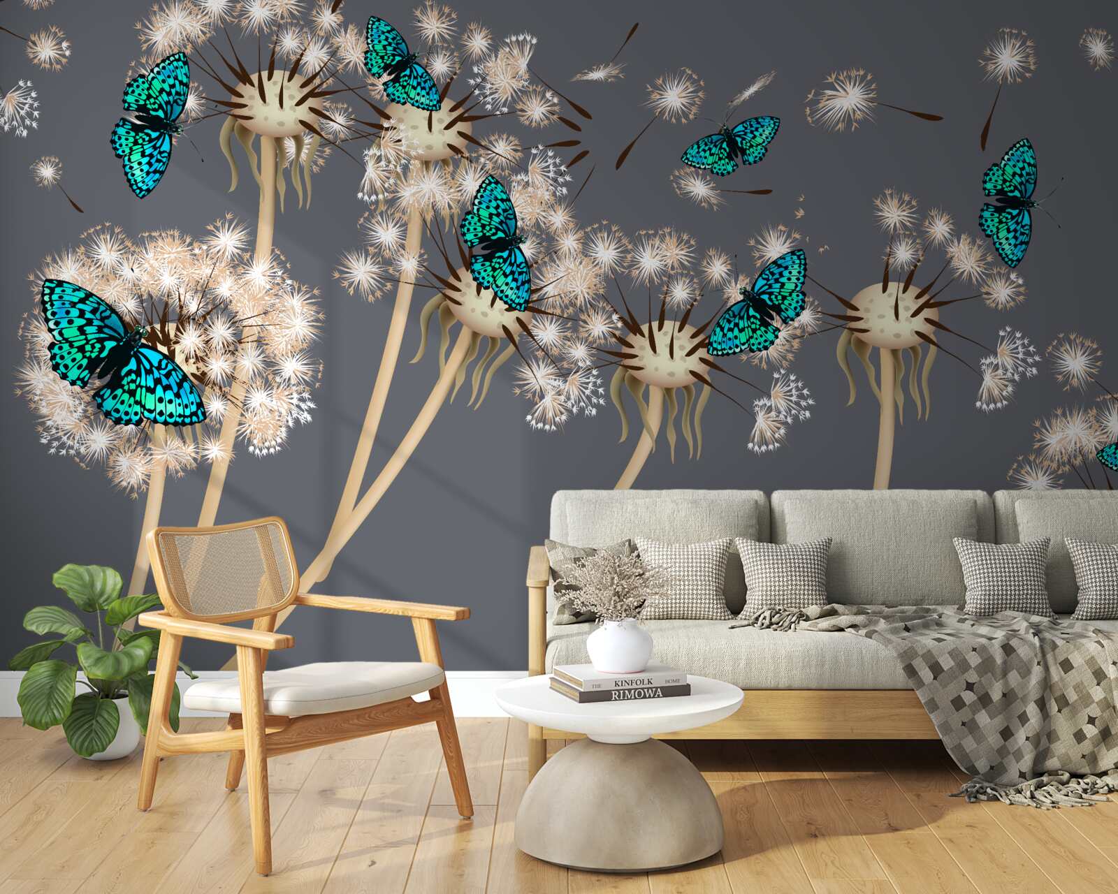 Papier peint roes et papillons