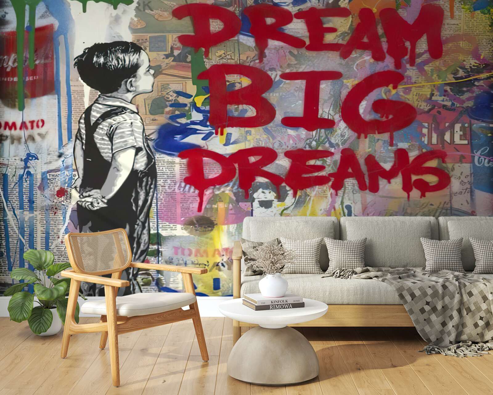 Papier peint un garçon observe un mur couvert de dessins