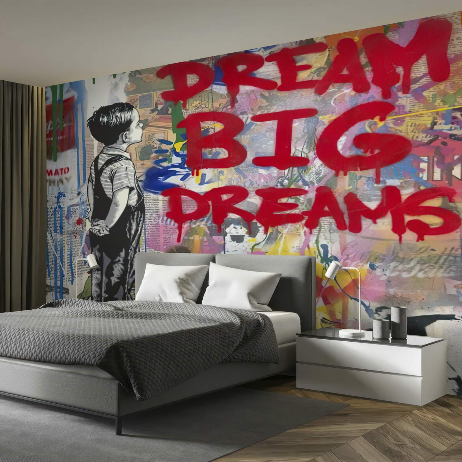 Papier peint un garçon observe un mur couvert de dessins