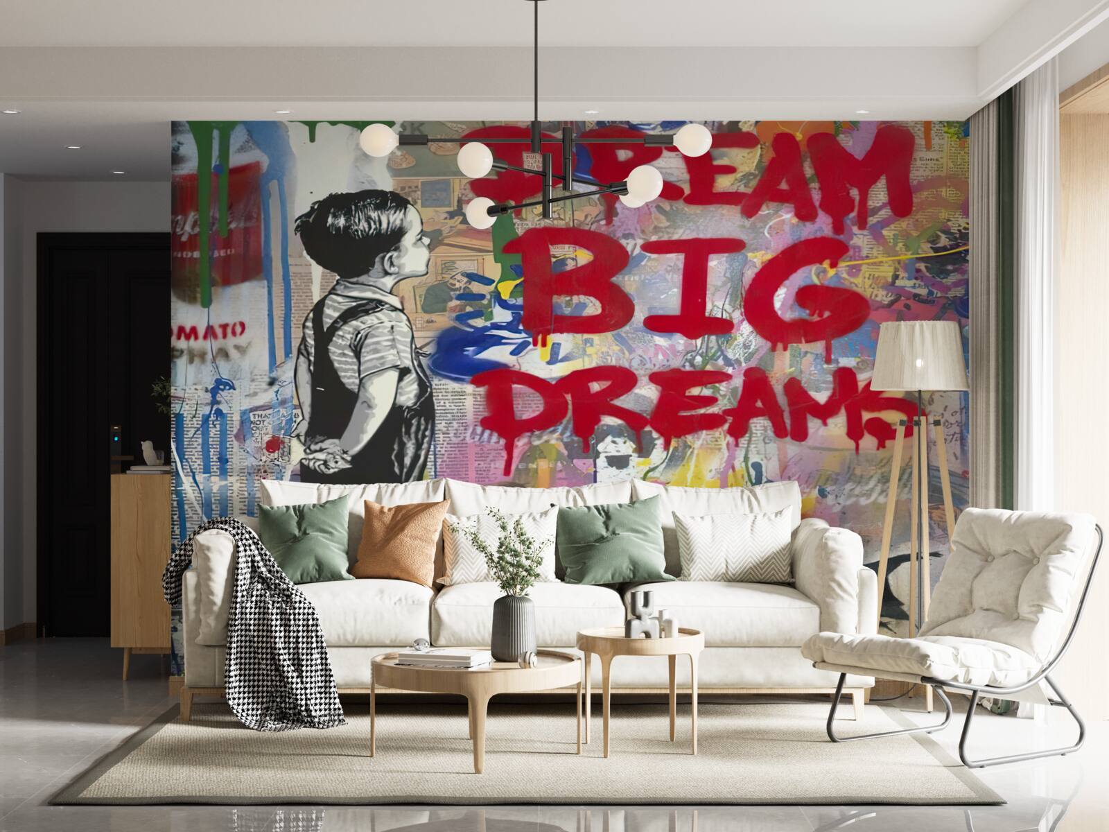 Papier peint un garçon observe un mur couvert de dessins