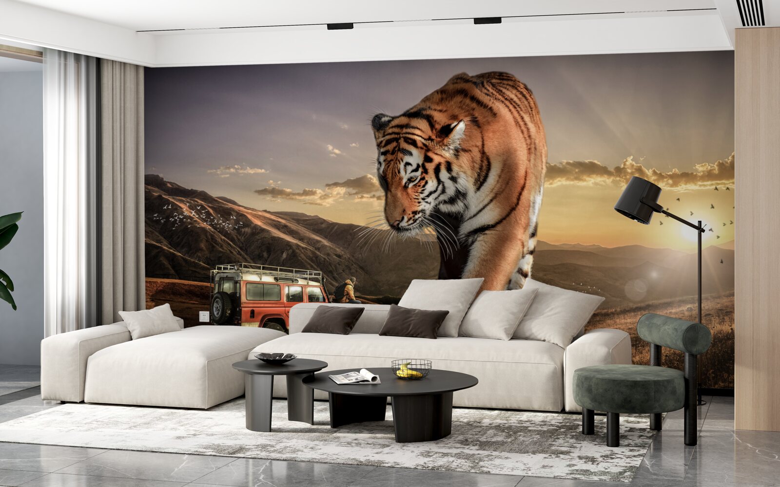 Papier peint le grand tigre surveille la voiture